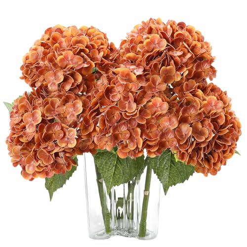Coferset 3pcs Fall Orange Lifelike Hydrangea Artificial Flowers 22inch Real Touch Faux Hydrangea Flower Stem for Home Party Wedding Floral Filler Arrangements Ceterpieces Bouquets
