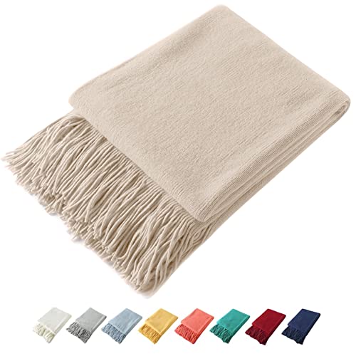 Homiest Decorative Knitted Throw Blanket with Fringe, Lightweight Blanket Acrylic Knit Blanket, Soft & Cozy Tassel Blanket for Couch Sofa Bed (Beige, 50 x 60 Inch)