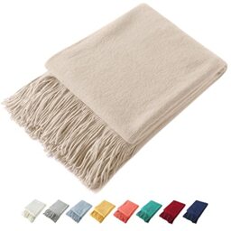 Homiest Decorative Knitted Throw Blanket with Fringe, Lightweight Blanket Acrylic Knit Blanket, Soft & Cozy Tassel Blanket for Couch Sofa Bed (Beige, 50 x 60 Inch)