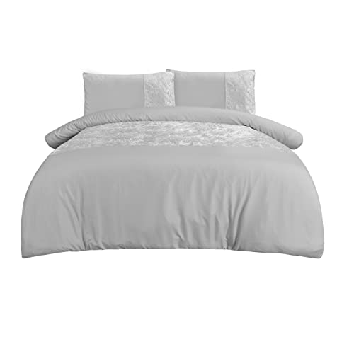 Sleepdown Velvet Cuff Silver Panel Band Luxury Soft Cosy Duvet Cover Quilt Bedding Set with Pillowcases - King (220cm x 230cm)