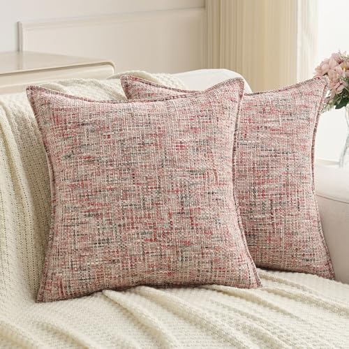 FUTEI Pack of 2 Tweed Chenille Throw Pillow Covers 18x18 Inch, Blush - Premium Chenille Front/ Smooth Velvet Back,Hidden Zipper,Machine Washable,Pilling-Resistant,Colorfast, Insert Not Included.