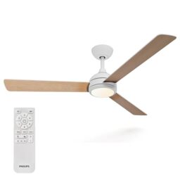 PHILIPS Civx Ceiling Fan with LED Light, 3 Blades, 132 cm Diameter, 2500 Lumens, Three Shades of White Light (3000 K / 4500 K / 6500 K), Dimmable to 10%, Remote Control Included, White/Light Wood