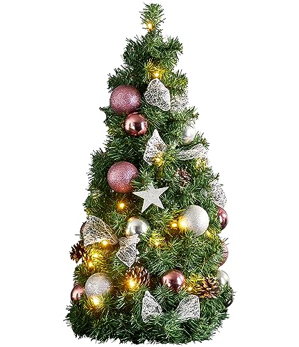 Eglo Artificial Christmas Tree 65 cm for Indoor use, Decorative fir with LED Lighting and Baubles in Pink Silver, Timer, Warm White, Battery-Operated
