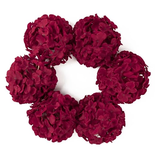 "DuHouse 8.7"" Silk Hydrangea Flower Heads with Stems Fake Hydrangeas Flowers for DIY Wedding Centerpiece Home Decor,Pack of 6(Fiery Red)"