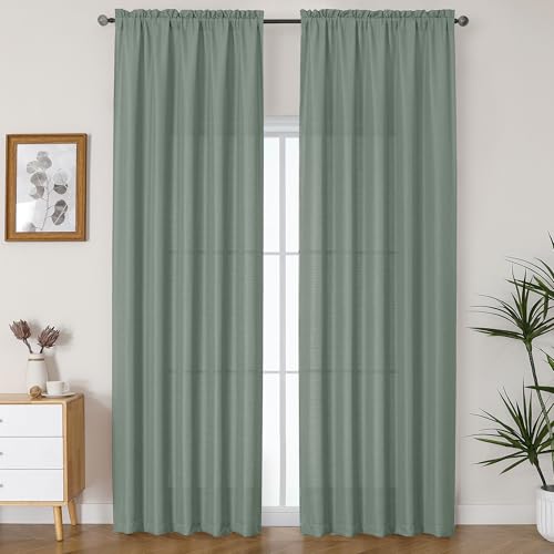 "Lecloud Bessie Sage Green Curtains 96 Inches Long 2 Panels, Cozy Light Filtering Faux Linen Curtains, Durable Farmhouse Drapes with Rod Pocket for Bedroom Dining Room Home Office, Each 50"" W x 96"" L"