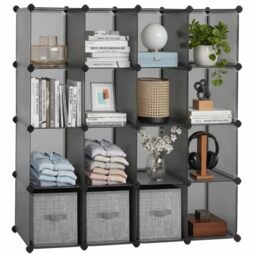 SONGMICS 16-Cube Storage Unit, 123 x 31 x 123 cm - DIY Plastic Shelving Unit, Storage Shelves for Bedroom and Living Room, Slate Grey and Black, DAMION Collection