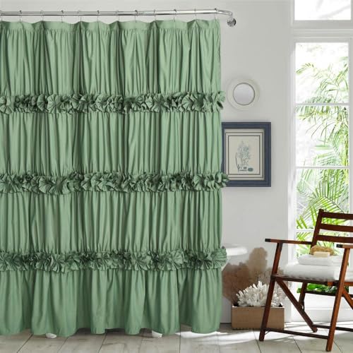 "Homechoice Decor Light Green Ruffle Shower Curtain, Vintage Handcrafted Bow Tie Bath Curtain for Master Bathroom, Ruched Microfiber Bathroom Curtain with 12 Buttonholes, 72"" W x 72"" H (LQ-10)"