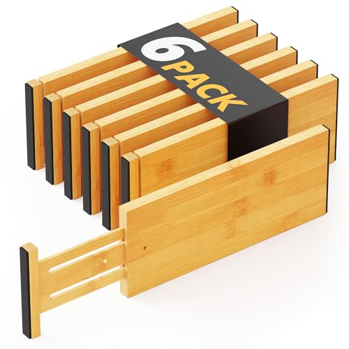 SpaceAid Bamboo Dresser Drawer Dividers 6 Pack, 4.65??? High Adjustable 12.5???-17??? Drawer Organisers, Expandable Organisation for Clothing, Clothes, Dressers, Natural