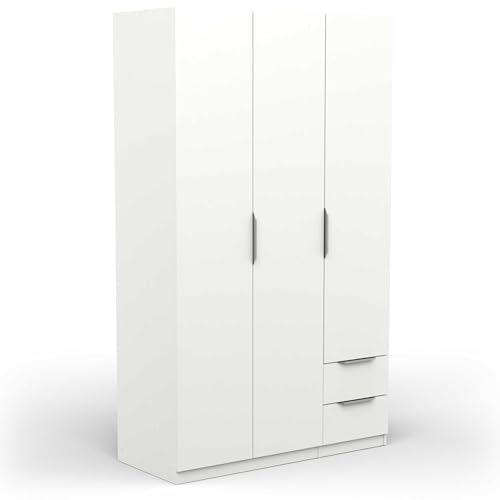 Demeyere 391368 Armadio Guardaroba Moderno con 3 Ante e 2 cassetti 4 nicchie – Colore Bianco Opaco – 119,4 x 51,1 x 203 cm, Legno ingegnerizzato, Grigio