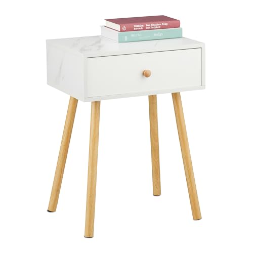 Relaxdays Bedside Table, with Drawer, Marble & Wood Look, HWD: 55 x 40 x 32 cm, Bedroom Nightstand, White/Natural