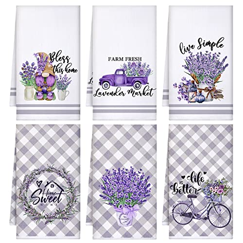 Boyiee Set of 6 Lavender Kitchen Towels Purple Floral Dishtowels Rustic Absorbent Purple Tea Hand Towels 24 x 16 Inches Lavender Lover Gifts for Farmhouse Kitchen Bathroom Accessories Decorations