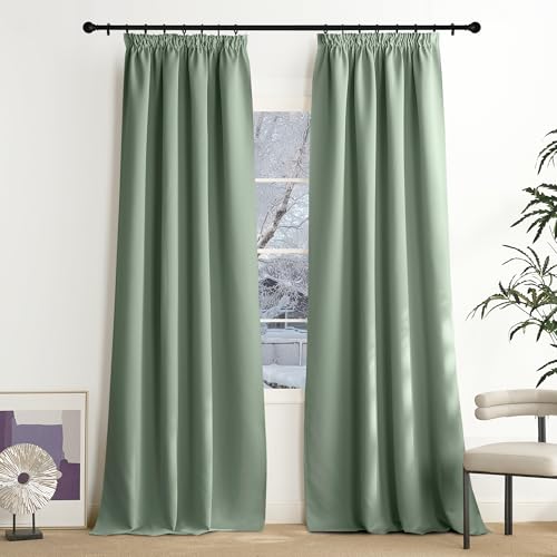NICETOWN Sage Green Curtain Children's Room Blackout Curtains for Rails Thermal Curtain Heat Protection Ruffle Tape Thermal Curtains Opaque Curtains 240 x 140 cm (H x W) Blackout Curtains