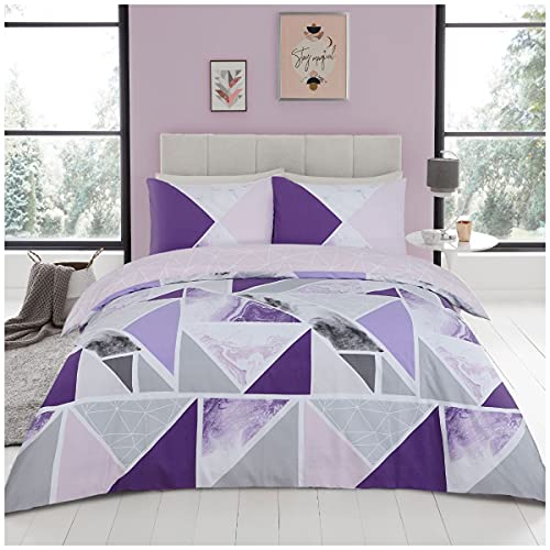 Gaveno Cavailia Easy Care Geometric Shapes Duvet Cover with Pillowcases, Luxury Stripes Quilt Bedding Set, Mila, Double Size, Blue, Purple/Grey