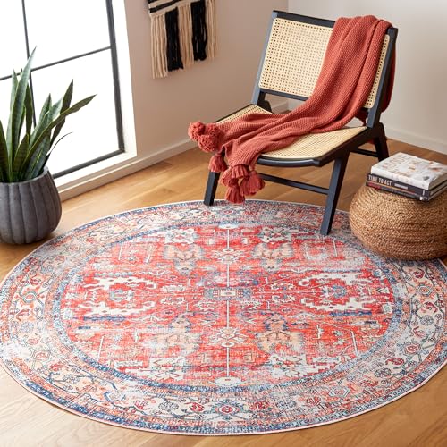 Safavieh Distressed Rug Ideal for High Traffic Areas - Machine Washable and Non Slip - Arizona Collection, Short Pile, in Red and Blue, 183 X 183 cm