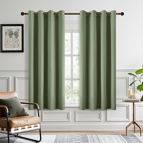DONREN Total Blackout Linen Curtains 45 Inch Length for Bedroom Living Room, Farmhouse 100% Black Out Thermal Insulated Privacy Lightweight Grommet Curtain Panels, Sage Green, W52 x L45, 2 Panels