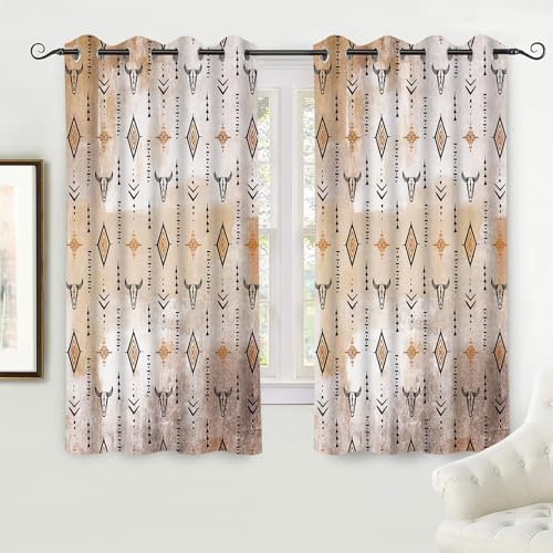 Rustic Western Curtains Tribal Aztec Vintage Curtain Drape 2 Panels 42x63in - Bull Skull Cowboys Window Drapes, Boho, Ethnic Native, Farmhouse Blackout Curtains for Kitchen Bedroom Living Room