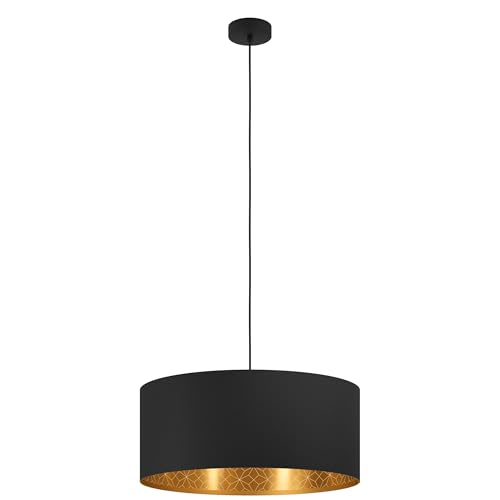 EGLO Pendant lighting Zaragoza, ceiling light fitting, hanging lamp for dining and living room, fabric shade in black and gold with geometric pattern, E27 socket, Ø 21 in