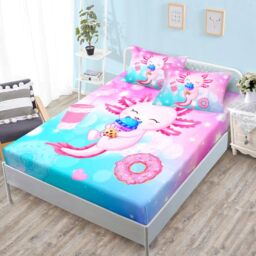 HOSIMA Axolotl Fitted Sheet Cute Animal Bedding Set Toddler Room Decor for Girls Dessert Milk Tea Donut Bed Fitted Sheet Queen Size,Fantasy Sweet Queen Bedroom Set for Adults Teens.