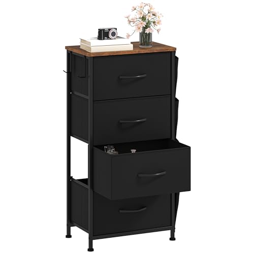 DWVO Narrow Chest of Drawers with 4 Drawers, Fabric Chest Drawers with Side Pocket&Hooks,Easy Pull Handle,Sturdy Steel Frame for Bedroom,Living Room,Black