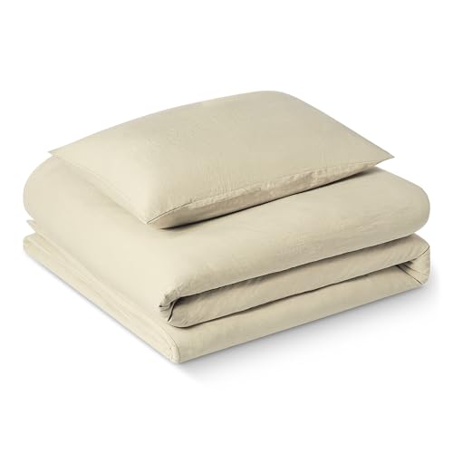 Amazon Basics 2-Piece Brushed Microfibre Single Duvet Cover Set, Extra Soft Bedding, Relaxed Lived-In Look with Natural Creases, No Ironing Required, 135 x 200 cm & 1 Pillowcase 50 x 80 cm, Beige