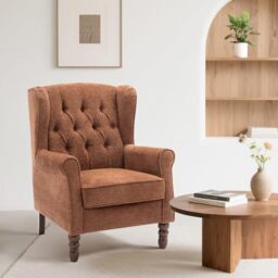 Wingback Armchair for Living Room, Upholstered High Back Accent Chair with Tufted Backrest, Rolled Arms and Solid Wood Legs, Comfortable Reading Chair for Lounge, Bedroom and Reception Area