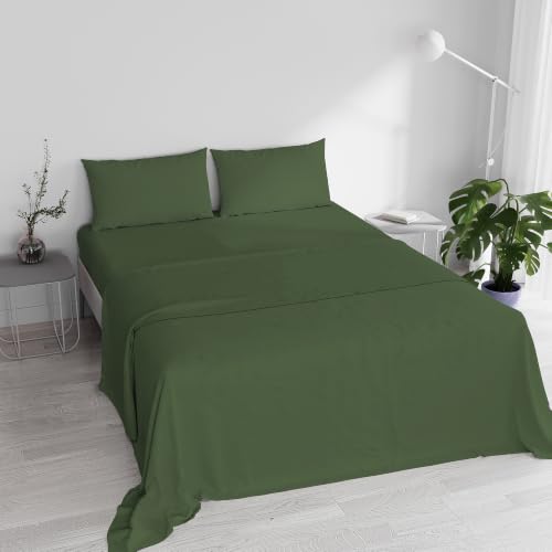 Italian Bed Linen Elegant Bed Linen Set (Flat 250x300, Fitted Sheet 170x200cm+2 Pillowcases 52x82cm), Dark Green, DOUBLE