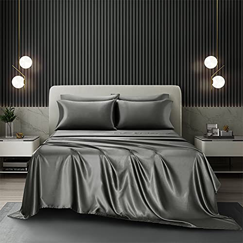 AiMay Duvet Cover Sets Satin Jacquard Rich Silk 100% Luxury Super Soft Microfiber with Zipper Closure Fashion Color with Elegant Silver Pattern Comfor (Gray, King 4PC)
