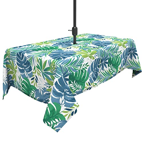 TWLEAR Outdoor Indoor Tablecloth, Rectangle 60x84 inch Table Cover with Zipper and Umbrella Hole for Patio Kitchen Garden, Islamorada Blue Green