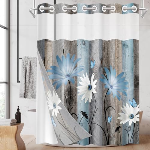 Nesphy No Hook Rustic Farmhouse Shower Curtain with Snap in Fabric Liner Set, Blue Daisy Flowers and Butterfly on Wooden Double Layers Waterproof with See Through Top Bath Curtain 71x86 Inch