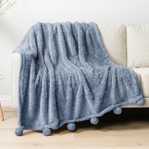 PAVILIA Dusty Blue Sherpa Throw Blanket with Soft Pom Pom Fringe, Plush Cozy Warm Blankets for Couch Bed Sofa, Fuzzy Fleece Throw with Pompom, Lightweight Fluffy, Blue 50x60 in