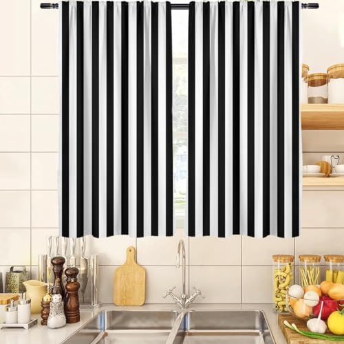 "zokyer Black and White Kitchen Curtains Striped Simple Trendy Neutral Art Boys Men Teen Small Short 27.5"" W x 39"" L Window Treatment Tiers for Bedroom Living Room Bathroom 2 Panels Rod Pocket Drapes"