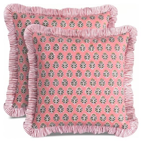 CPC Poppy Pink Ruffle Throw Pillow Covers for Couch, 16x16 Inch Cotton Stripe Ruffle Couch Pillows for Living Room, Hidden 12 Inch Zipper Boho Pillow Case or Cute Outdoor Pillows