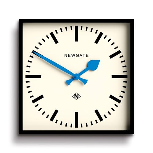 NEWGATE® Number Five wall clock - Square retro inspired modern station clock - 40cm - Black with blue hands - Mid-century style for kitchen, living room or office