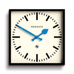 NEWGATE® Number Five wall clock - Square retro inspired modern station clock - 40cm - Black with blue hands - Mid-century style for kitchen, living room or office