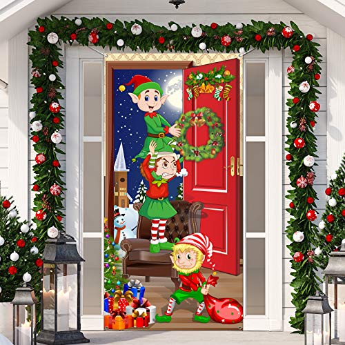 Blulu Christmas Elves Door Cover Fabric Backdrop 70.9 X 35.4 Inch - Holiday Hanging Decor, Santa Background for Party Photo Booth, Xmas Decorations Indoor Entrance, Festive Atmosphere
