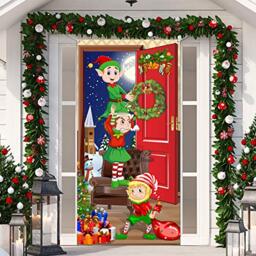 Blulu Christmas Elves Door Cover Fabric Backdrop 70.9 X 35.4 Inch - Holiday Hanging Decor, Santa Background for Party Photo Booth, Xmas Decorations Indoor Entrance, Festive Atmosphere