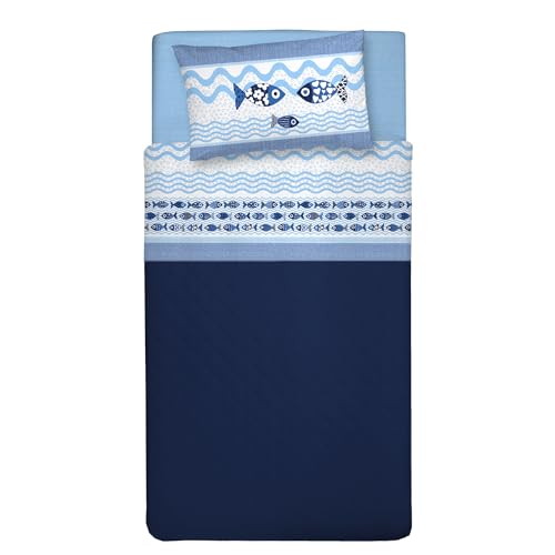 PENSIERI DELICATI Single Bed Sheet Set, 100% Cotton, 90 x 200 cm Single Bed Sheet Set, Includes Bottom Sheet, Top Sheet and 1 Pillowcase, Made in Italy, Blue Fish Pattern
