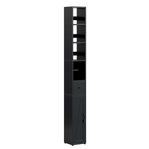 VECELO Bathroom Tall Cabinet, Freestanding Slim Storage Cupboard with Adjustable Shelves and Toilet Paper Scroll, Narrow Organizer Unit for Bedroom Living Room Hallway