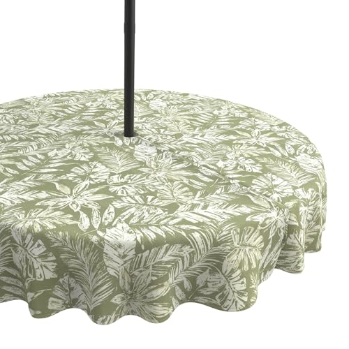 LVTXIII Round Outdoor Tablecloth with Zipper Umbrella Hole, Water-Repellent 60 Inch Patio Table Cover for Bistro, Garden, Patio & Picnic, Tropical Leaf Green