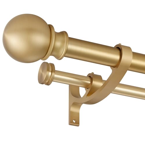 Lwiiom Double Curtain Rods with Aluminum Bouquet Brackets and Round Finials,Warm Gold Curtain Rods for Windows 28 to 48 inch,1-Inches Front and 5/8 Inches Back Double Window Drapery Rod