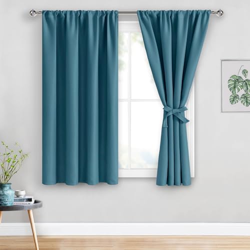 JIUZHEN Blackout Curtains for Bedroom - Thermal Insulated Room Darkening Noise Reducing, 52 x 54 Inch Length Curtains for Living Room, Set of 2 Panels with Tiebacks, Stone Blue