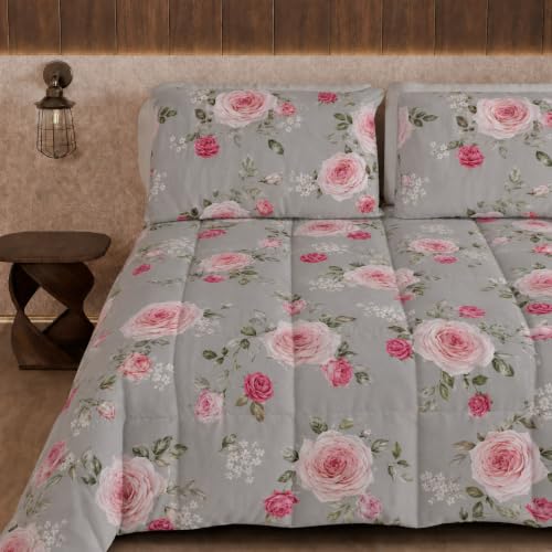 PETTI Artigiani Italiani Printed Winter Duvet 220 ?? 260 cm - Floral 20 Grey, reversible microfibre quilt, 300 g/m??, Made in Italy
