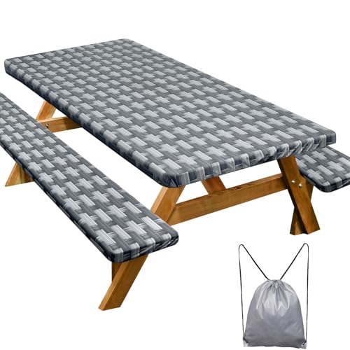 Picnic Table Cover with Bench Covers Camping Essentials Waterproof Windproof Camping Tablecloth with Drawstring Bag, Fitted Rectangle Tables and Seats, 72in, Dark Gray