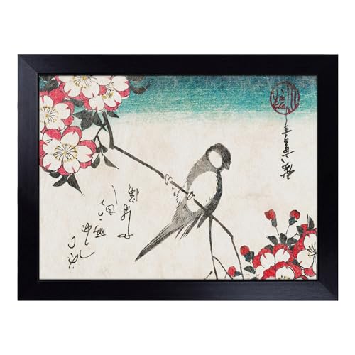 Lap Tray with Bean Bag Cushion, Bird & Cherry Blossom By Utagawa Hiroshige - Handmade in the UK, Raised Wooden Edge, Padded Cushion, Heat-Resistant Wipe-Clean Surface, for Meals, Laptops and Crafts