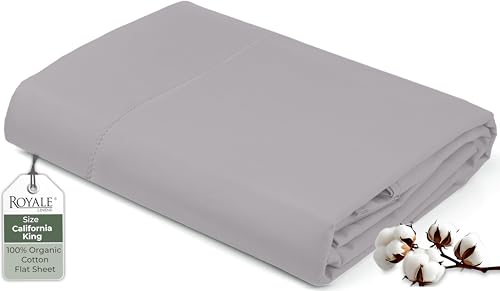 "Royale Linen 100% Organic Cotton California King Flat Sheet Only - Super Soft - Percale Top Sheets - California King Flat Sheet Sold Separately - Cool & Crisp Sheets Only (108"" x102"", Silver)"
