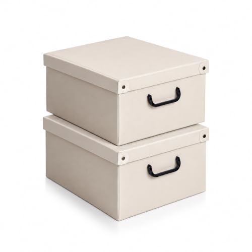 Lavatelli Set of 2 Cardboard Storage Boxes with Lid Beige 32x42x17.5cm - Bedroom storage in cardboard with lid, set of 2 boxes of 32x42x17.5 cm, for clothes and blankets. Made in Italy