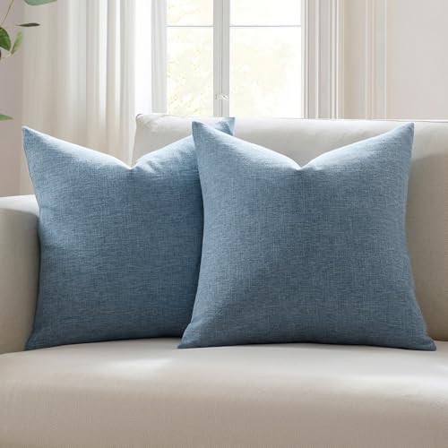 Meekio Set of 2 Slate Blue Throw Pillow Covers 20x20, Coastal Linen Blend Decorative Pillow Covers for Couch Sofa Bed, Beach House Farmhouse Decor