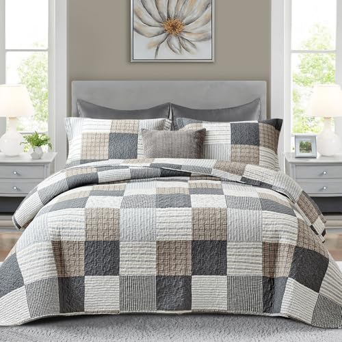 Finlonte Quilt King Size - 100% Cotton Plaid King Size Comforter Set Farmhouse Quilt Bedding Set, Reversible Lightweight Bedspread, Grey Brown White Quilted Coverlet All-Season, 3-Piece