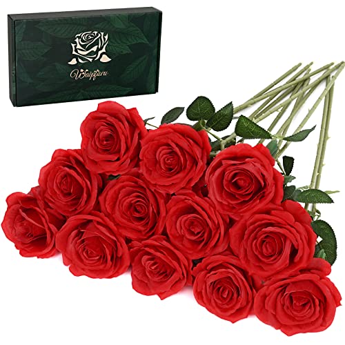 Waipfaru 12 Pcs Artificial Flowers Fake Silk Roses, Faux Real Touch Roses Bouquet with Long Stem for Wedding Party Home Decor (Red)