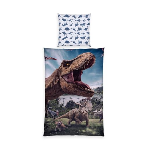 Herding Jurassic World Bed Linen, Pillowcase Approx. 80 x 80 cm, Duvet Cover Approx. 135 x 200 cm, with Zip and Reversible Motif, 100% Cotton/Renforcé